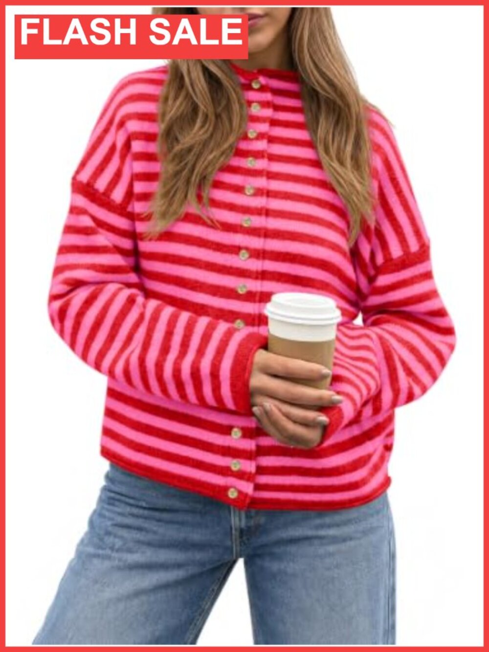 Womens Striped Mock Neck Button Down Cardigan Sweater Long Sleeve Fall